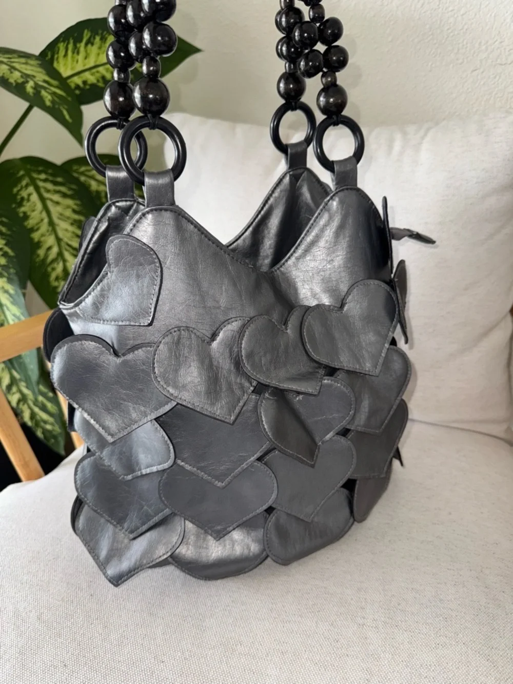 RARE Gray Faux Leather Retro Groovy Hearts Flap Beaded Handle Shoulder Bag Purse